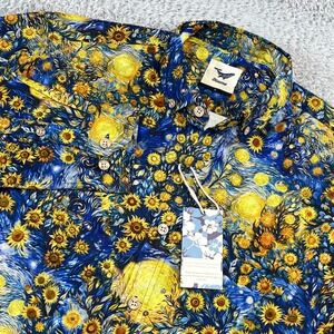 Yiume Mens Van Gogh Starry Night Sunflower Cotton Button Down Shirt Large Artsy